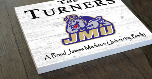 James Madison University Proud Family Sign – Personalized Dukes Family Name Square Wood Plaque – Officially Licensed JMU Decor
