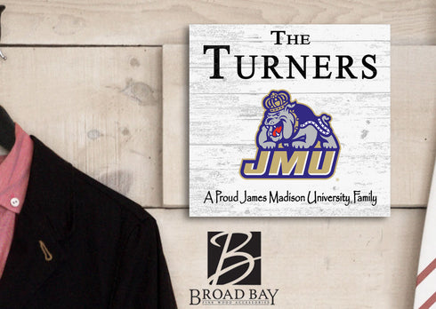 James Madison University Proud Family Sign – Personalized Dukes Family Name Square Wood Plaque – Officially Licensed JMU Decor