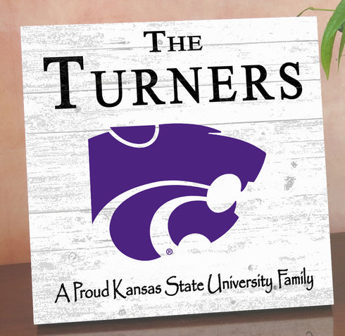 Kansas State Wildcats Proud Family Sign – Personalized Family Name Square Wood Plaque – Officially Licensed Kansas State Decor
