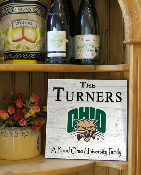 Ohio University Bobcats Proud Family Sign - Personalized Family Name Wood Plaque - Officially Licensed Square Decor