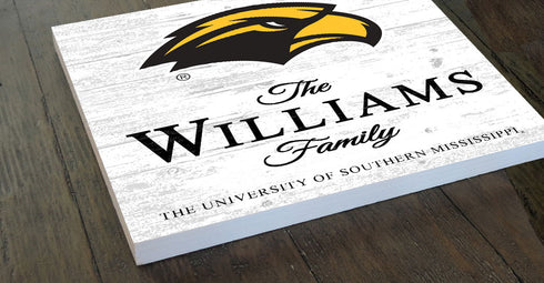 Personalized Southern Miss Golden Eagles Family Name Sign – Custom University of Southern Mississippi Wood Wall Decor – Golden Eagles Gift