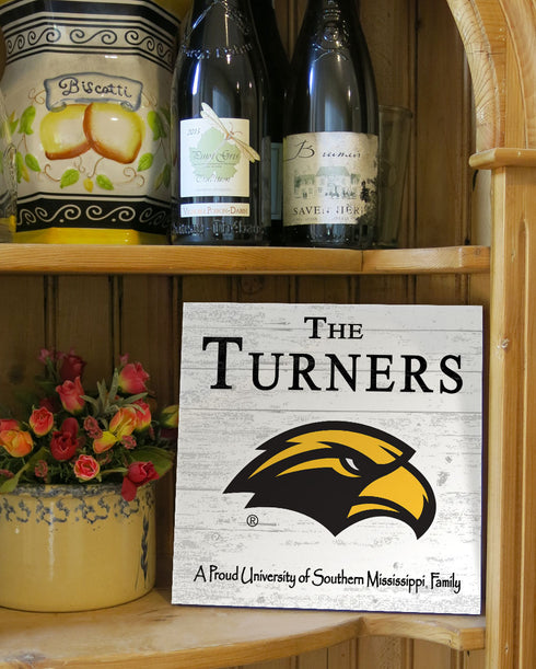 Southern Miss Golden Eagles Proud Family Sign - Personalized Family Name Wood Plaque - Officially Licensed Square Decor