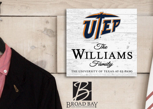 Personalized UTEP Miners Family Name Sign – Custom University of Texas El Paso Wood Wall Decor – Miners Gift