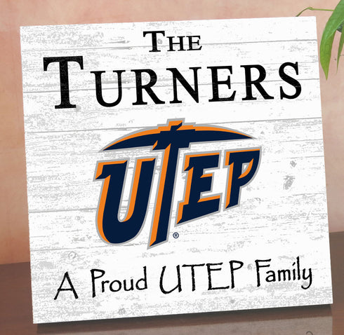 UTEP Miners Proud Family Sign - Personalized Family Name Wood Plaque - Officially Licensed Square Decor