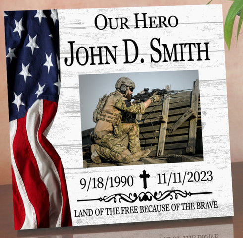 Military Memorial Picture Frame Alternative - Personalized Gift - US Flag - Upload Photo