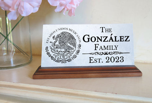 Mexican Family Name Sign with Established Date  - Seal of Mexico - Solid Marble 8in x 4in