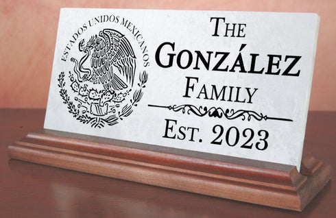 Mexican Family Name Sign with Established Date  - Seal of Mexico - Solid Marble 8in x 4in