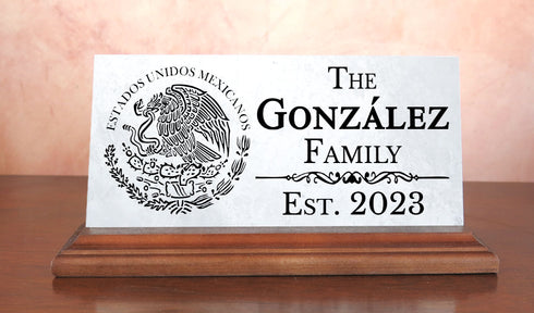 Mexican Family Name Sign with Established Date  - Seal of Mexico - Solid Marble 8in x 4in