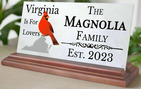 Virginia Family Name Sign with Established Date for Shelf - Solid Marble