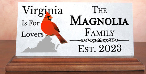 Virginia Family Name Sign for Shelf - Virginia State Cardinal - Solid Marble