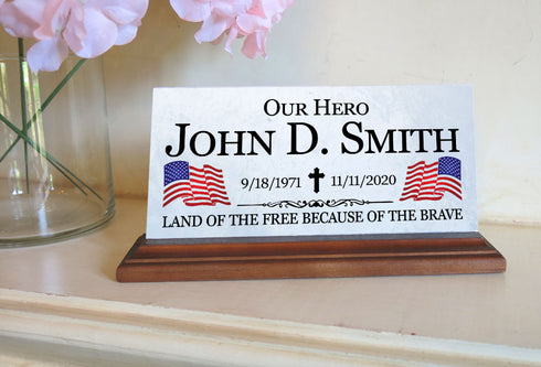 Military or Law Enfocement Memorial Plaque Stone Remembrance Gift Solid Marble for Mantel or Shelf