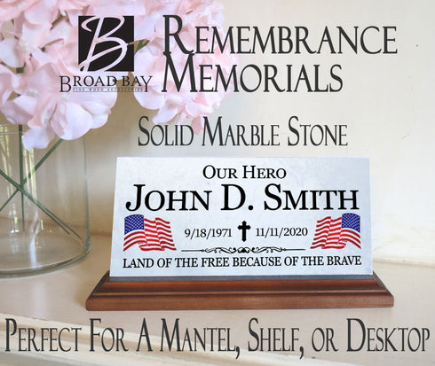 Military or Law Enfocement Memorial Plaque Stone Remembrance Gift Solid Marble for Mantel or Shelf