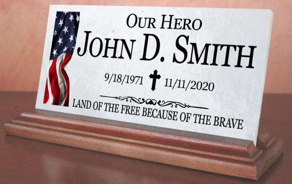 Military Loved One Memorial Plaque Stone Remembrance Gift Solid Marble  - US Flag