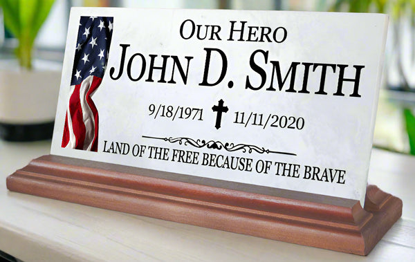 Military Loved One Memorial Plaque Stone - Our Hero Land of the Free Because of the Brave