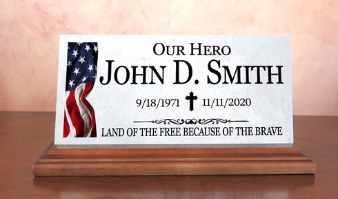 Military Loved One Memorial Plaque Stone Remembrance Gift Solid Marble  - US Flag
