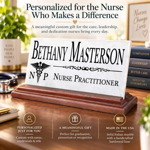 Nurse Practitioner Desk Nameplate - Personalized Solid Marble NP Name Plate Gift