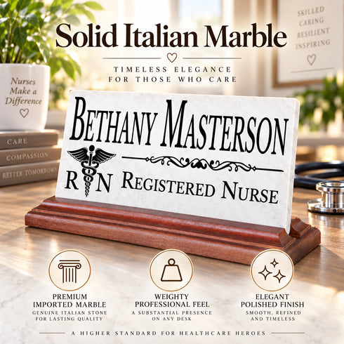 Registered Nurse Desk Nameplate - Personalized Solid Marble RN Name Plate Gift