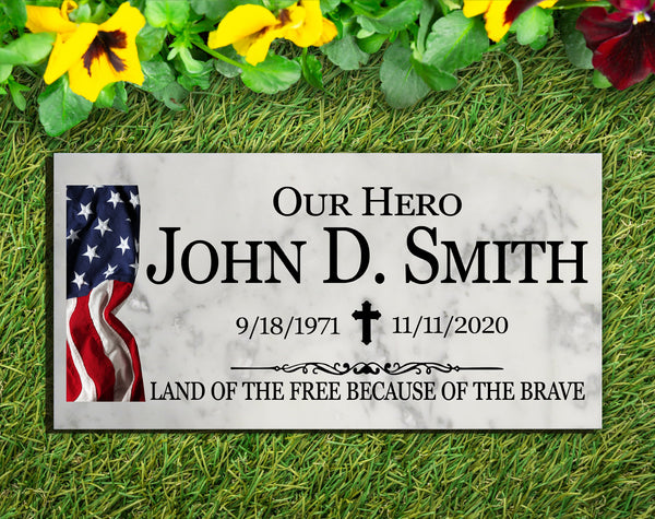 Military Memorial Stone Plaque Gift Custom Outdoor Marble Remembrance Plaque - US Flag