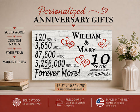 10th Anniversary Gift - Personalized Wood Sign for Husband, Wife or Couple - 10 Year