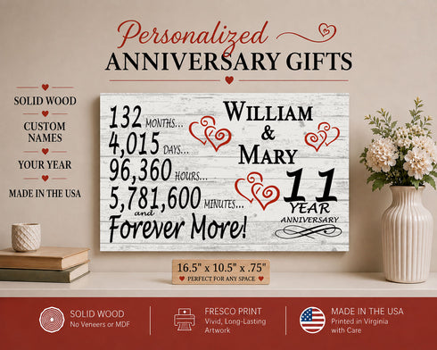 11th Anniversary Gift - Personalized Wood Sign for Husband, Wife or Couple - 11 Year