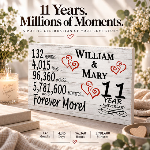11th Anniversary Gift - Personalized Wood Sign for Husband, Wife or Couple - 11 Year