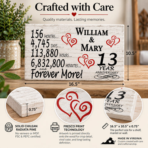 13th Anniversary Gift - Personalized Wood Sign for Husband, Wife or Couple - 13 Year