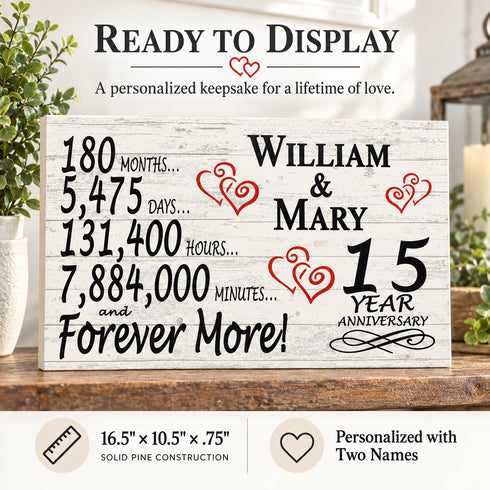 15th Anniversary Gift - Personalized Wood Sign for Husband, Wife or Couple - 15 Year
