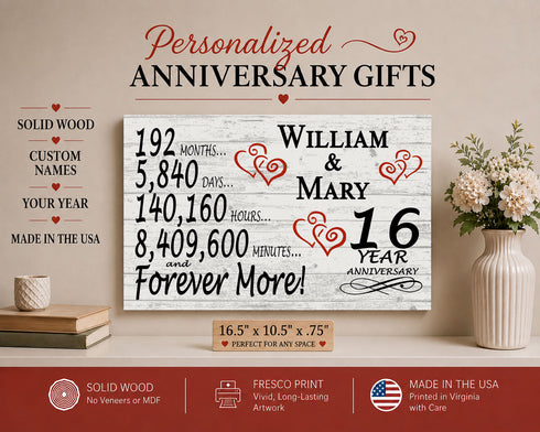 16th Anniversary Gift - Personalized Wood Sign for Husband, Wife or Couple - 16 Year