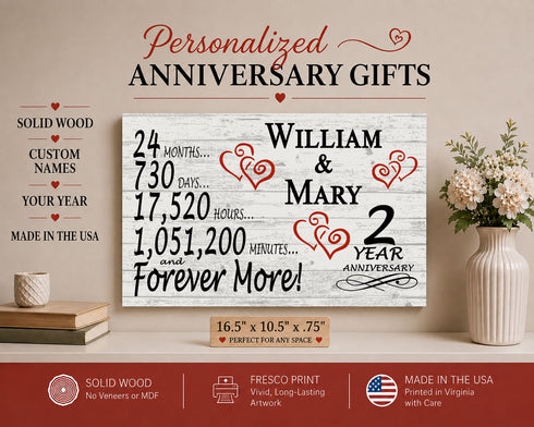 2nd Anniversary Gift - Personalized Wood Sign for Husband, Wife or Couple - 2 Year