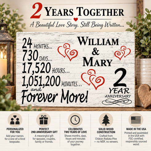 2nd Anniversary Gift - Personalized Wood Sign for Husband, Wife or Couple - 2 Year