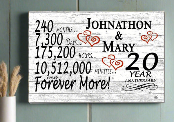 Solid Wood 20 Year Anniversary Gift Personalized Wedding Anniversary Sign