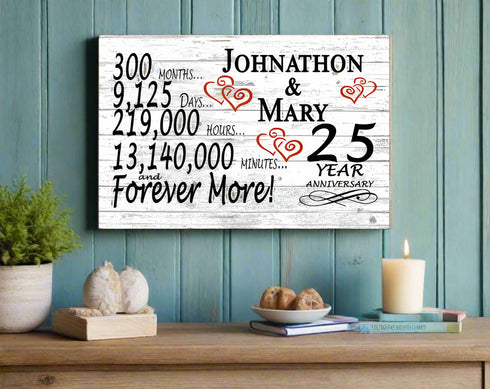 Solid Wood 25 Year Anniversary Gift Personalized Names for Couples