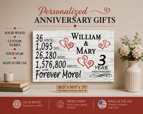 3rd Anniversary Gift - Personalized Wood Sign for Husband, Wife or Couple - 3 Year