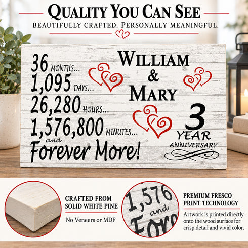 3rd Anniversary Gift - Personalized Wood Sign for Husband, Wife or Couple - 3 Year