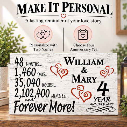 4th Anniversary Gift - Personalized Wood Sign for Husband, Wife or Couple - 4 Year