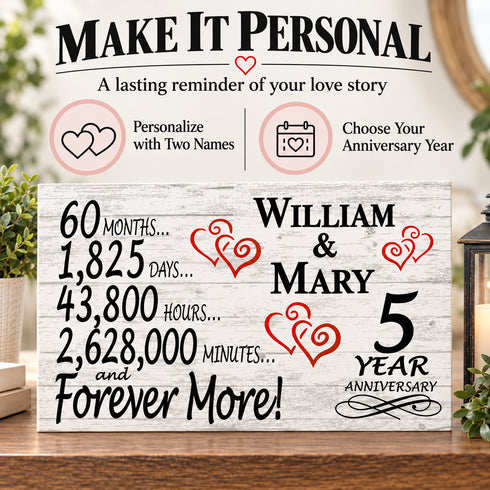 5th Anniversary Gift - Personalized Wood Sign for Husband, Wife or Couple - 5 Year