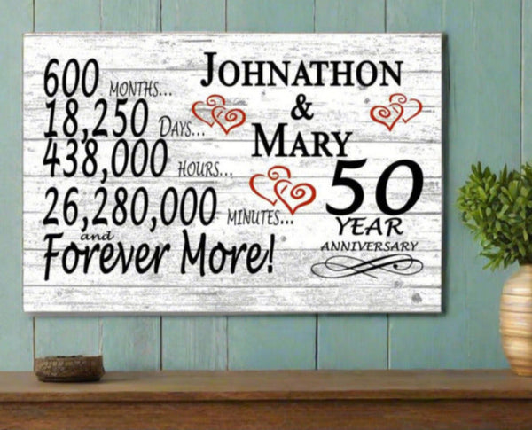 50th Anniversary Gift Plaque Personalized - Solid Wood - 16.5in x 10.5in