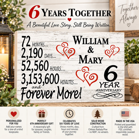 6th Anniversary Gift - Personalized Wood Sign for Husband, Wife or Couple - 6 Year