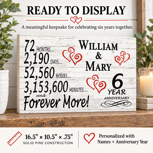 6th Anniversary Gift - Personalized Wood Sign for Husband, Wife or Couple - 6 Year