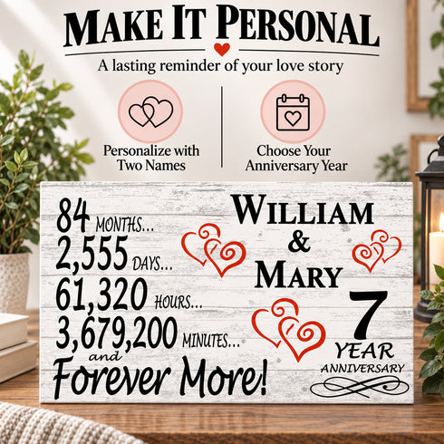 7th Anniversary Gift - Personalized Wood Sign for Husband, Wife or Couple - 7 Year