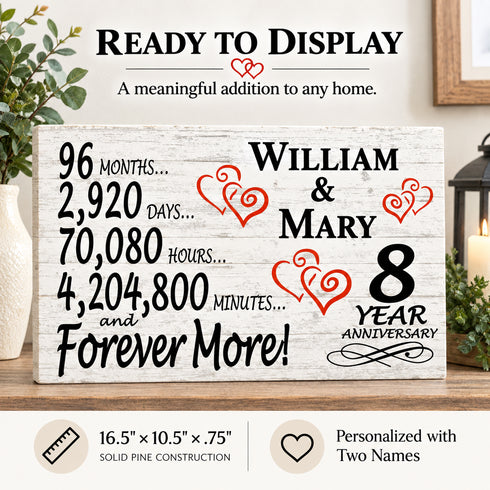 8th Anniversary Gift - Personalized Wood Sign for Husband, Wife or Couple - 8 Year