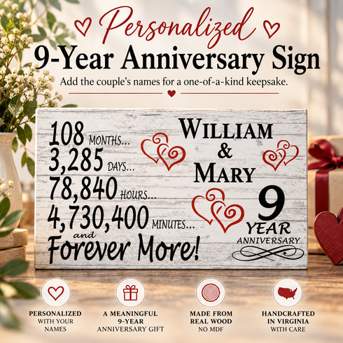 9th Anniversary Gift - Personalized Wood Sign for Husband, Wife or Couple - 9 Year