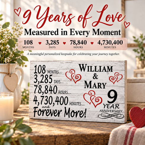 9th Anniversary Gift - Personalized Wood Sign for Husband, Wife or Couple - 9 Year