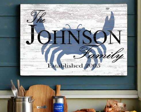 Custom Beach House Sign Personalized Blue Crab Design with Name And Established Date