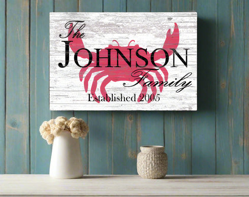 Custom Beach House Sign Personalized Blue Crab Design with Name And Established Date