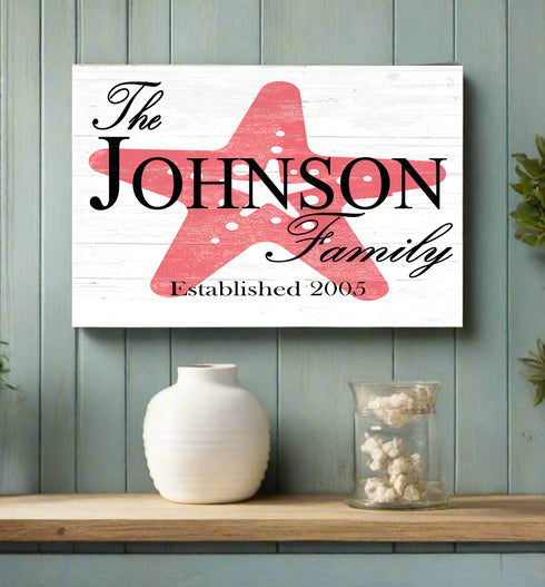 Custom Beach House Sign with Name & Established Date Starfish Design