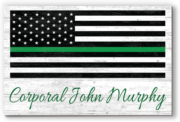 Personalized Thin Green Line Flag Sign – Custom Name Military or Federal Service Tribute | Solid Wood Wall Art