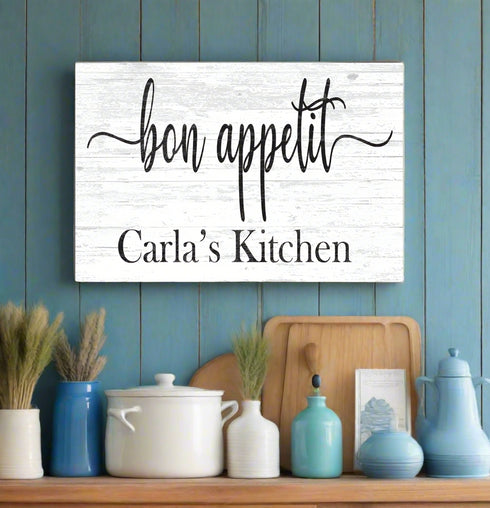 Bon Appetit Kitchen Sign With Custom Name - Solid Wood