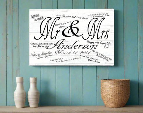 Mr & Mrs Wedding Sign Gift Signable Custom with Names & Date For Reception Signatures and Guest Notes