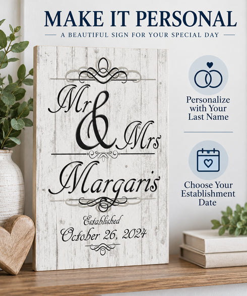 Mr & Mrs Wedding Gift Sign - Personalized Large Wood with Name & Date